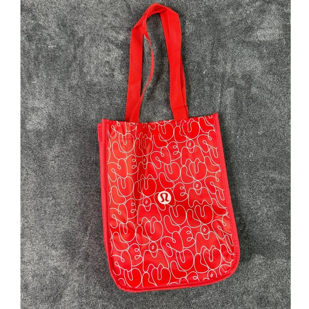 Lululemon Reusable Small Tote Bag Red White Logo Print Snap Closure Shopper